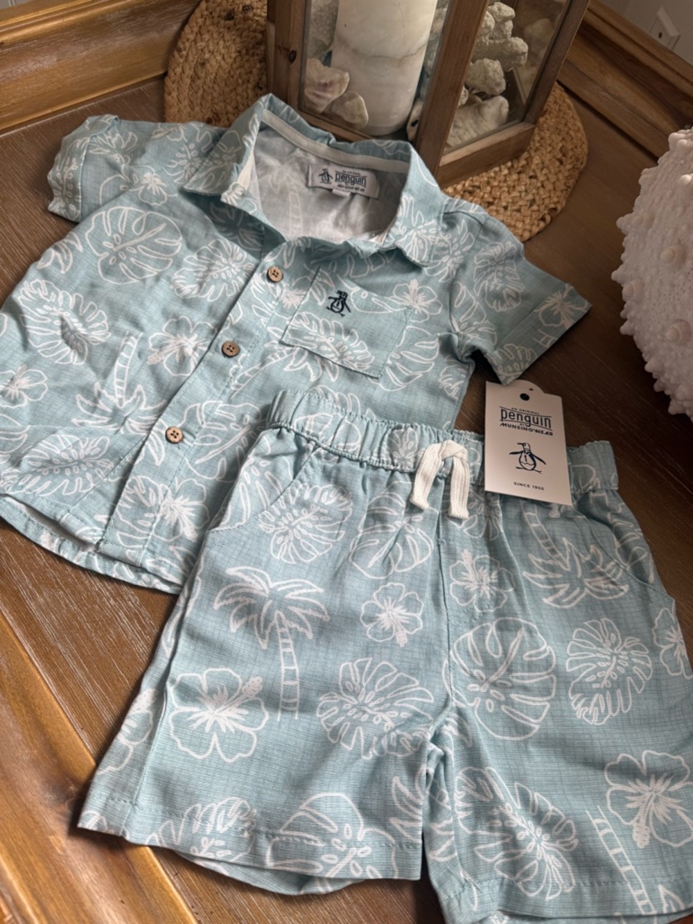 Original Penguin Mint Blue Tropical Print Kids Pajama Set